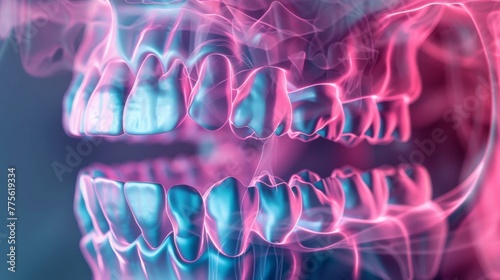 3D High detail animated dental x-ray revealing the intricate human teeth and jaw structure.