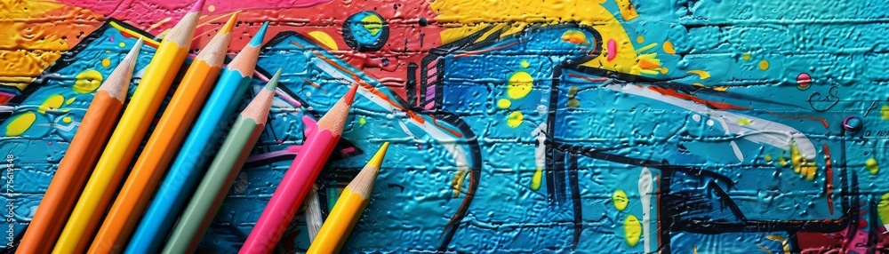 Vivid Colored Pencils on Textured Urban Graffiti Wall Artistic and Creative
