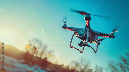 A drone quadcopter in action  its digital camera poised to capture breathtaking aerial footage  epitomizing the fusion of technology and creativity in modern photography