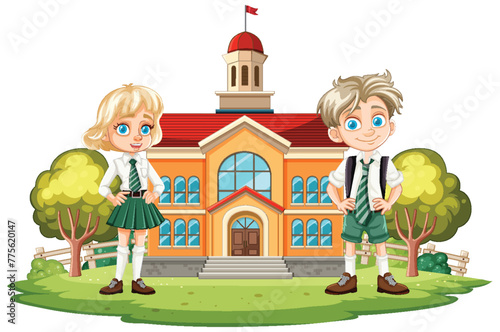 Two cartoon children standing in front of a school.