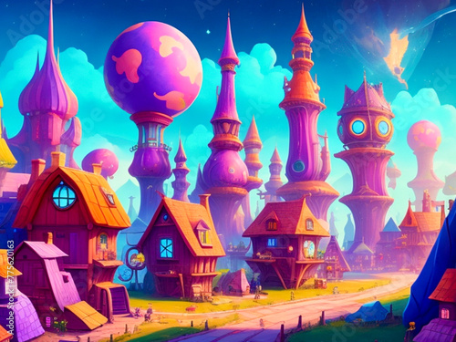 Colorful fantasy futuristic village illustration background © MdAl