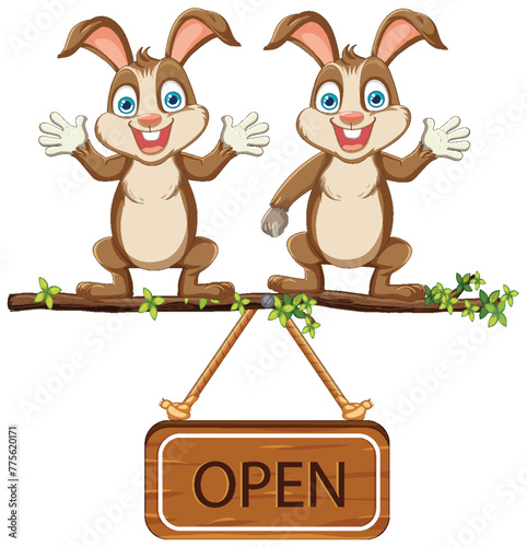 Two happy rabbits holding a wooden open sign.