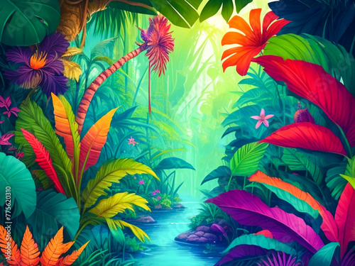 Colorful fantasy illustration of a jungle background
