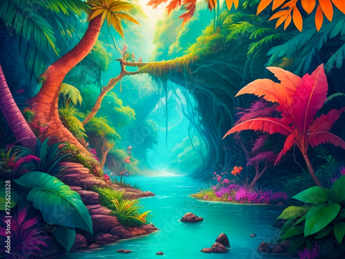 Colorful fantasy illustration of a jungle background © MdAl