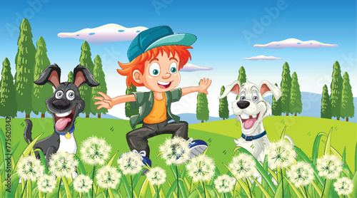 Happy boy with two dogs in a sunny meadow