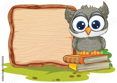 Cute owl beside a blank wooden signboard.