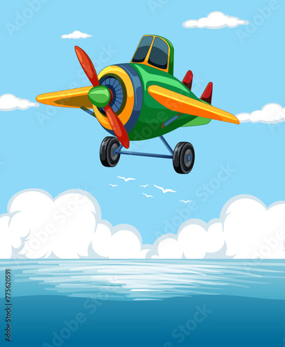 Brightly colored aircraft flying above clouds
