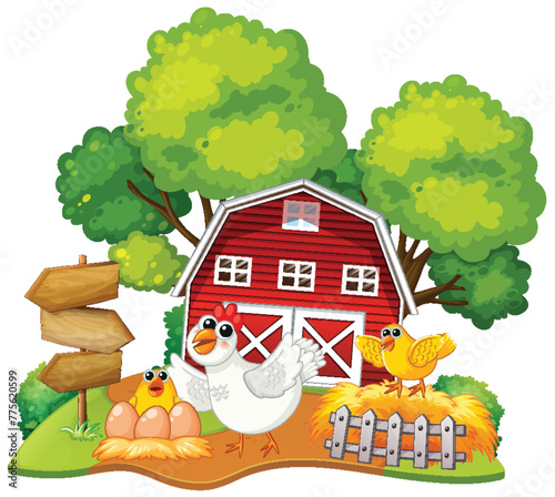 Colorful farm scene with animals and a red barn
