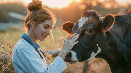 Young veterinarian woman taking care of the health of a cow in a farm wearing white vet uniform , the girl is doing the profession with love for farm animals photo