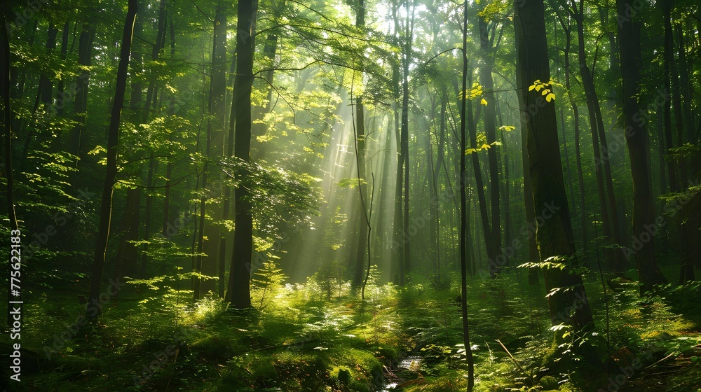 Fototapeta premium Verdant forest with tall trees forming lush canopy.