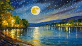 Nocturnal Serenity: Moonlit River Scene in Oil Painting beautiful background