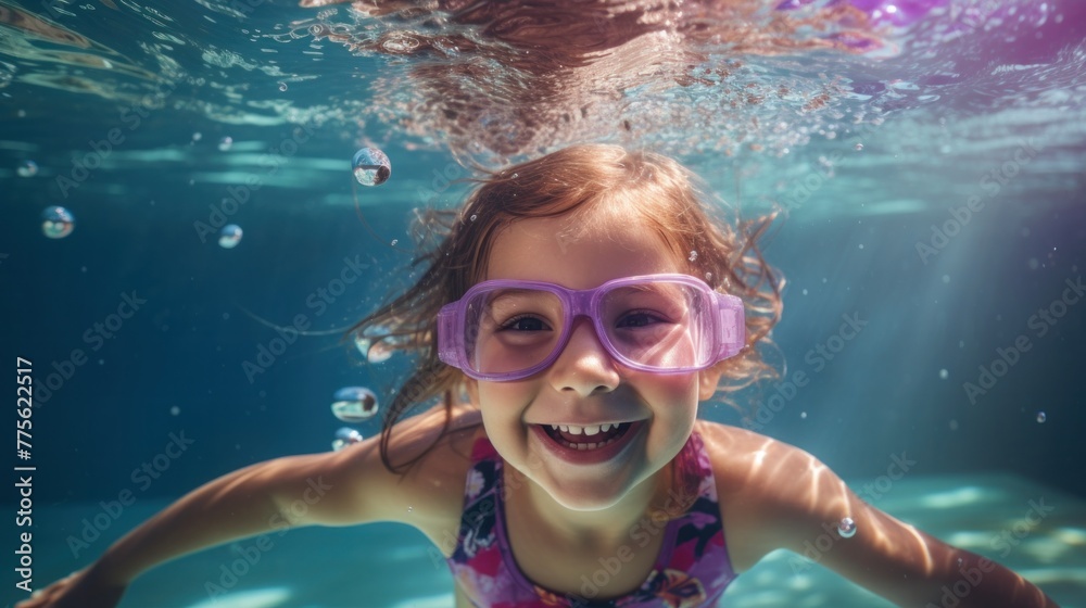 Naklejka premium Cheerful little girl with pigtails swims underwater in the pool