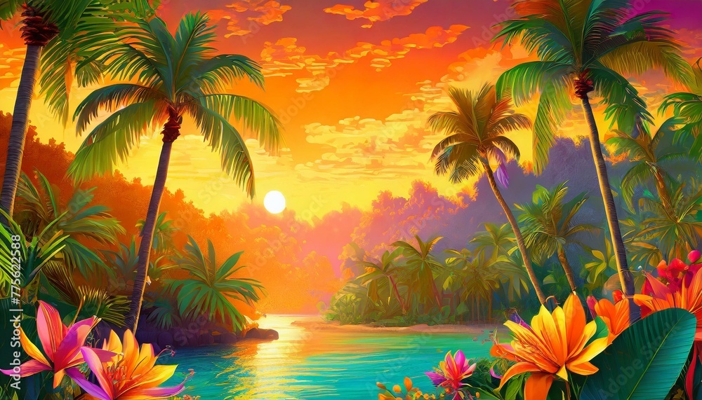 an exotic orange background wallpaper, featuring lush palm trees, tropical flowers, and golden sunsets, transporting viewers to a paradise getaway