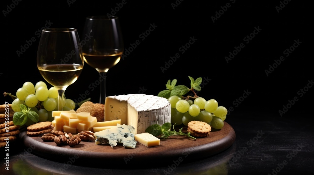 Cheese platter and wine. Craft cheese set, fresh grape,