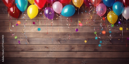 colorful party balloons Rainbows and confetti on a wooden plate