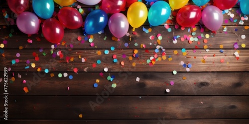 colorful party balloons Rainbows and confetti on a wooden plate