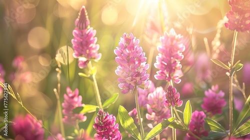 Closeup of pink dichroa flowers in a field under the sunlight with a blurry  Generative ai  
