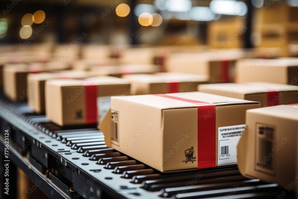 Close-up view of cardboard box packages moving along conveyor belt in busy warehouse facility Close-up view of cardboard box packages moving along conveyor belt in busy warehouse facility