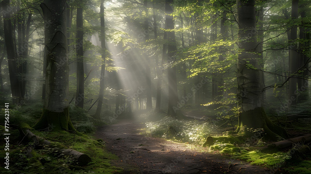 Obraz premium Tranquil forest path winding through towering trees and lush undergrowth.