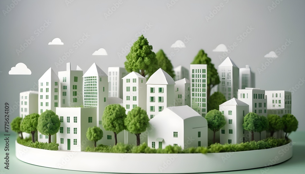 Man modeling sustainable green city concept with eco friendly white buildings and small trees from paper, representing urban planning and environmental conservation