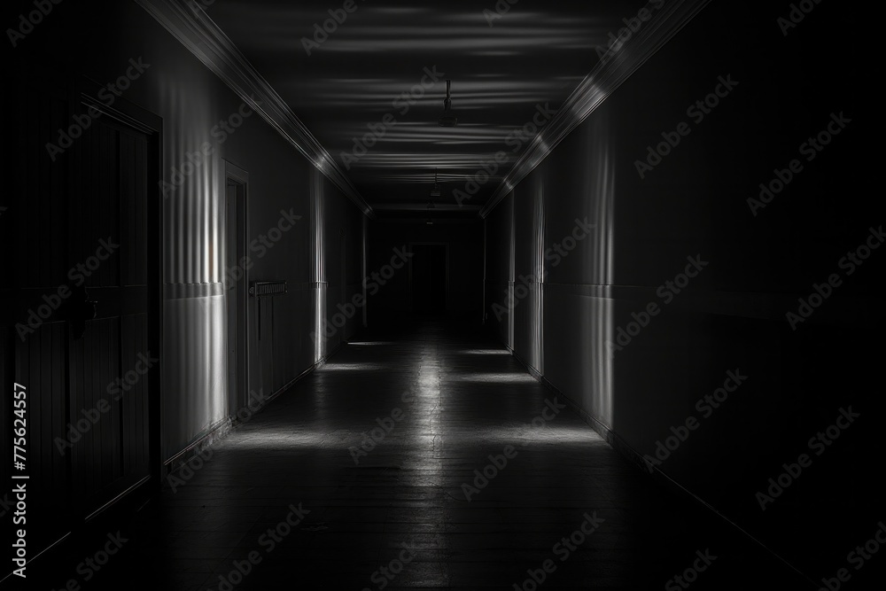 Mysterious dark corridors in buildings View from the door of a room in a quiet building