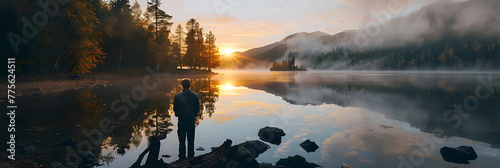 Lone wanderer witnessing sunrise over the lake #775624511