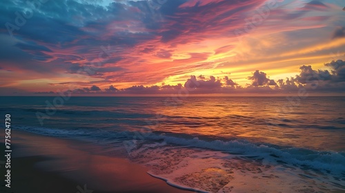 Vibrant hues of sunset paint ocean horizon in a spectacular display.