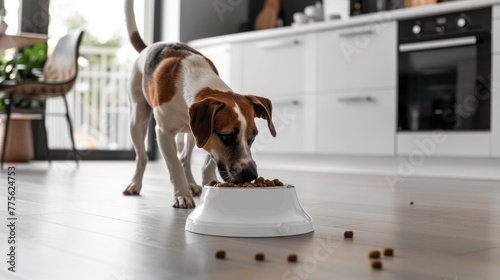 Dogs eat food, animal feeding and pet care.