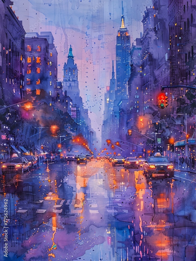 Bustling avenue in rain painted with vibrant flowing watercolors