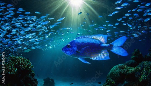 Wallpaper texted Red and blue luminescent glowing fish swimming in the sea, 