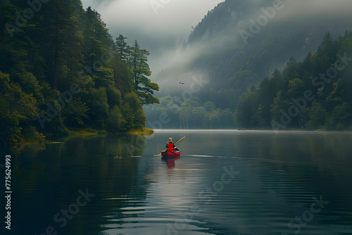 Canoeing on a forest lake in the mountains © john