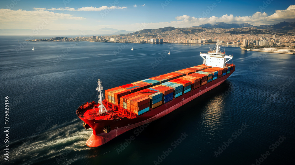 Container Cargo freight ship with working crane bridge for Logistic Import Export background