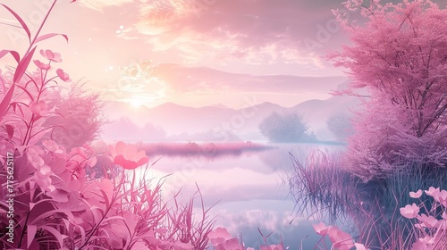 Pink nature landscape with vegetation ,Generative ai, 
