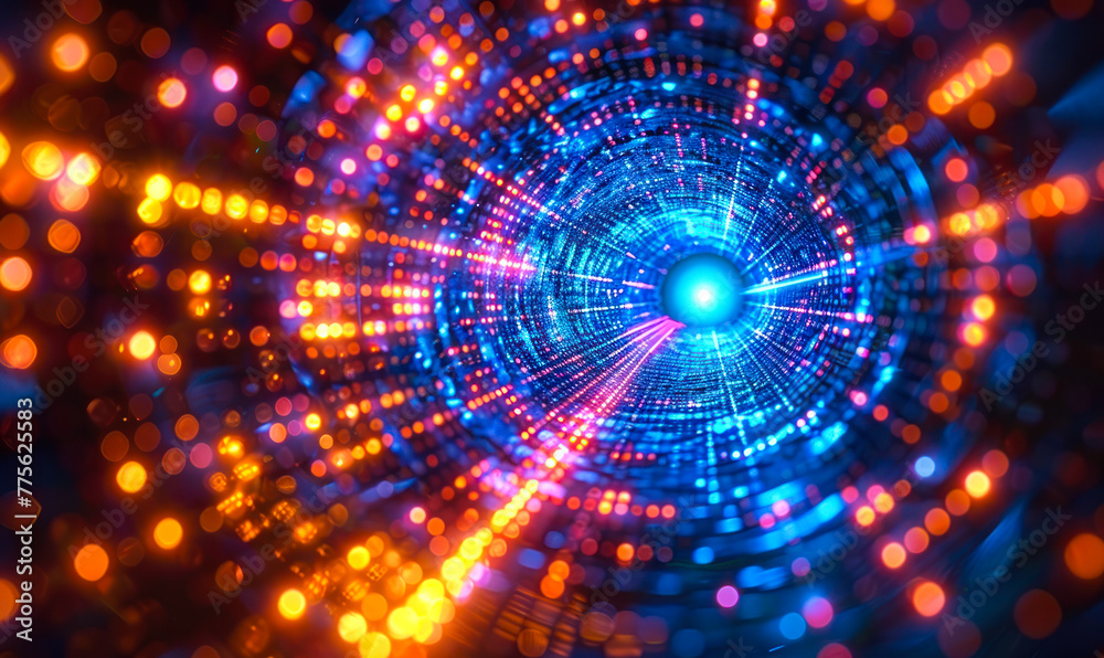 Futuristic digital tunnel with glowing particles and lights, representing fast data transfer, information flow, and acceleration of technology in a virtual network or cyberspace environment Futuristic digital tunnel with glowing particles and lights, representing fast data transfer, information flow, and acceleration of technology in a virtual network or cyberspace environment