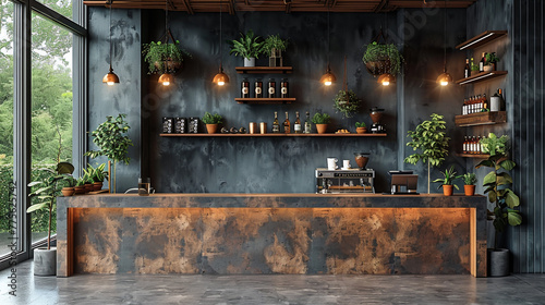 Stylish minimalist coffee bar interior design, no people. Kafe aesthetic, dark colors © yevhen89