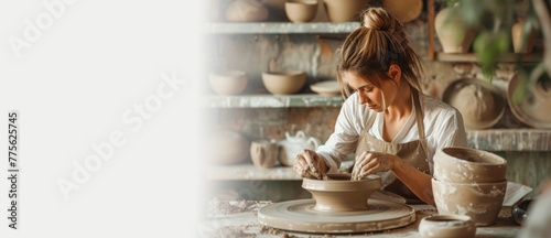 Ceramics, pottery workshop courses banner. Female potter in apron working on clay vase in pottery studio. Ceramist teacher create pottery sculpture on a pottery wheel from grey clay. Copy space photo