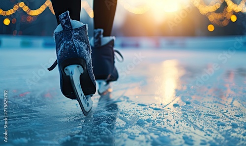ice skating on winter rink. Speed skating shoes detail