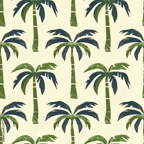 ornament of green palm trees on a light background  vintage graphic design  muted  pastel tones  seamless pattern for application to fabric  printed products