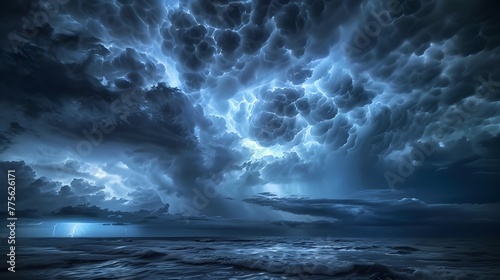 Brilliant lightning flashes illuminate stormy sky with dramatic swirling clouds.