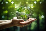 Environmental protection holding hands with leaves and environmental icons over network connection on nature background, ecological concept of environmental protection technology.