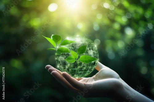 Environmental protection holding hands with leaves and environmental icons over network connection on nature background, ecological concept of environmental protection technology.