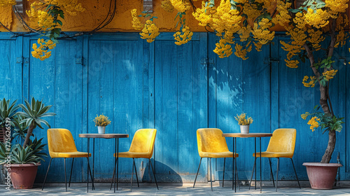 Cozy outdoor cafe corner with blue walls and yellow chairs © yevhen89