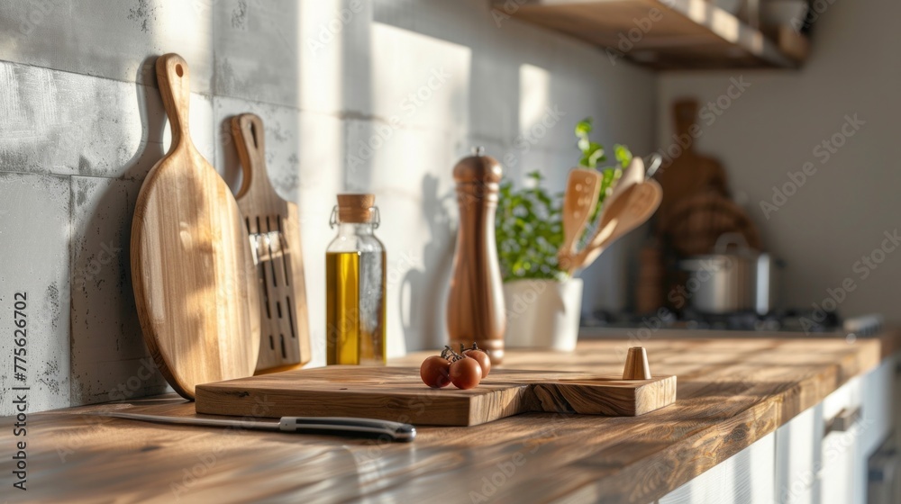 Kitchen utensils. Cooking tools with wooden cutting boards,