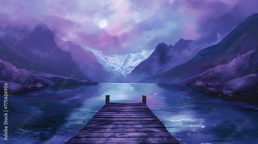 purple Lake landscape with mountains and a jetty, Purple hues over Derwent Water, Vibrant sunset with dramatic clouds and wooden jetty at Derwent water Lake in the Lake District, UK Ai generated  - obrazy, fototapety, plakaty 