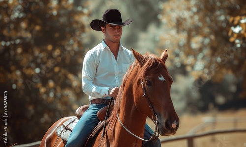 Handsome man wearing white shirt and dark hat with blue jeans and sitting on horse. Riding on obey horse in outdoor or ranch area. banner.