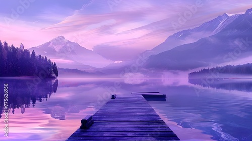purple Lake landscape with mountains and a jetty, Purple hues over Derwent Water, Vibrant sunset with dramatic clouds and wooden jetty at Derwent water Lake in the Lake District, UK Ai generated  photo