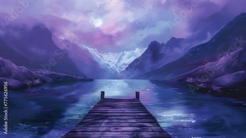 purple Lake landscape with mountains and a jetty, Purple hues over Derwent Water, Vibrant sunset with dramatic clouds and wooden jetty at Derwent water Lake in the Lake District, UK Ai generated  photo