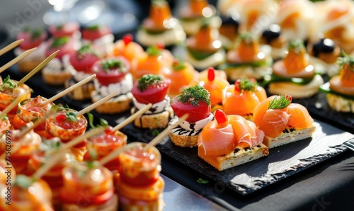 Salmon canapes on the festive banquet detail. Festive Buffet banner.
