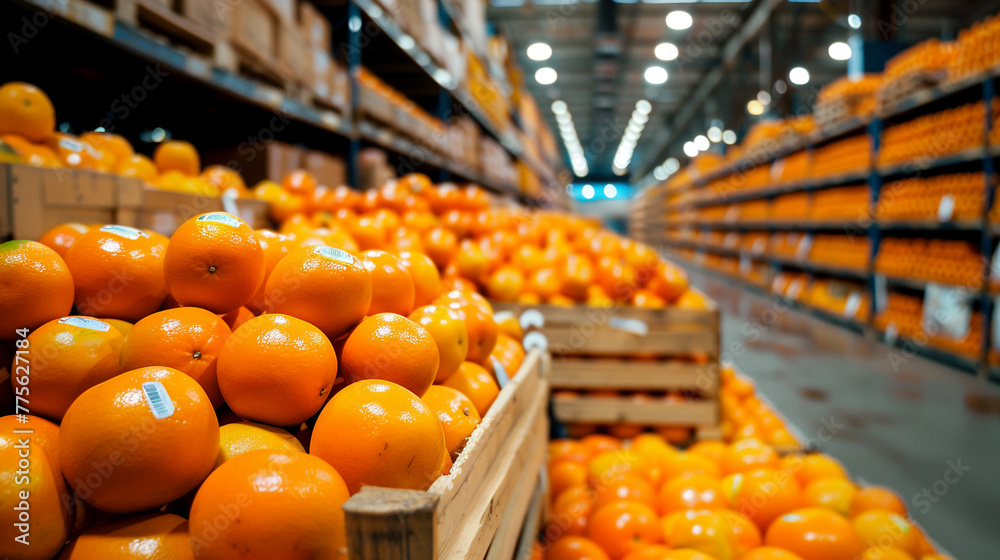 Abundance of fresh oranges in a warehouse setting. Selective focus