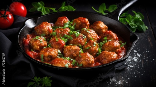 Meatballs in tomato sauce in the skillet Meatballs in tomato sauce in the skillet at dark table. Flat lay image. photo